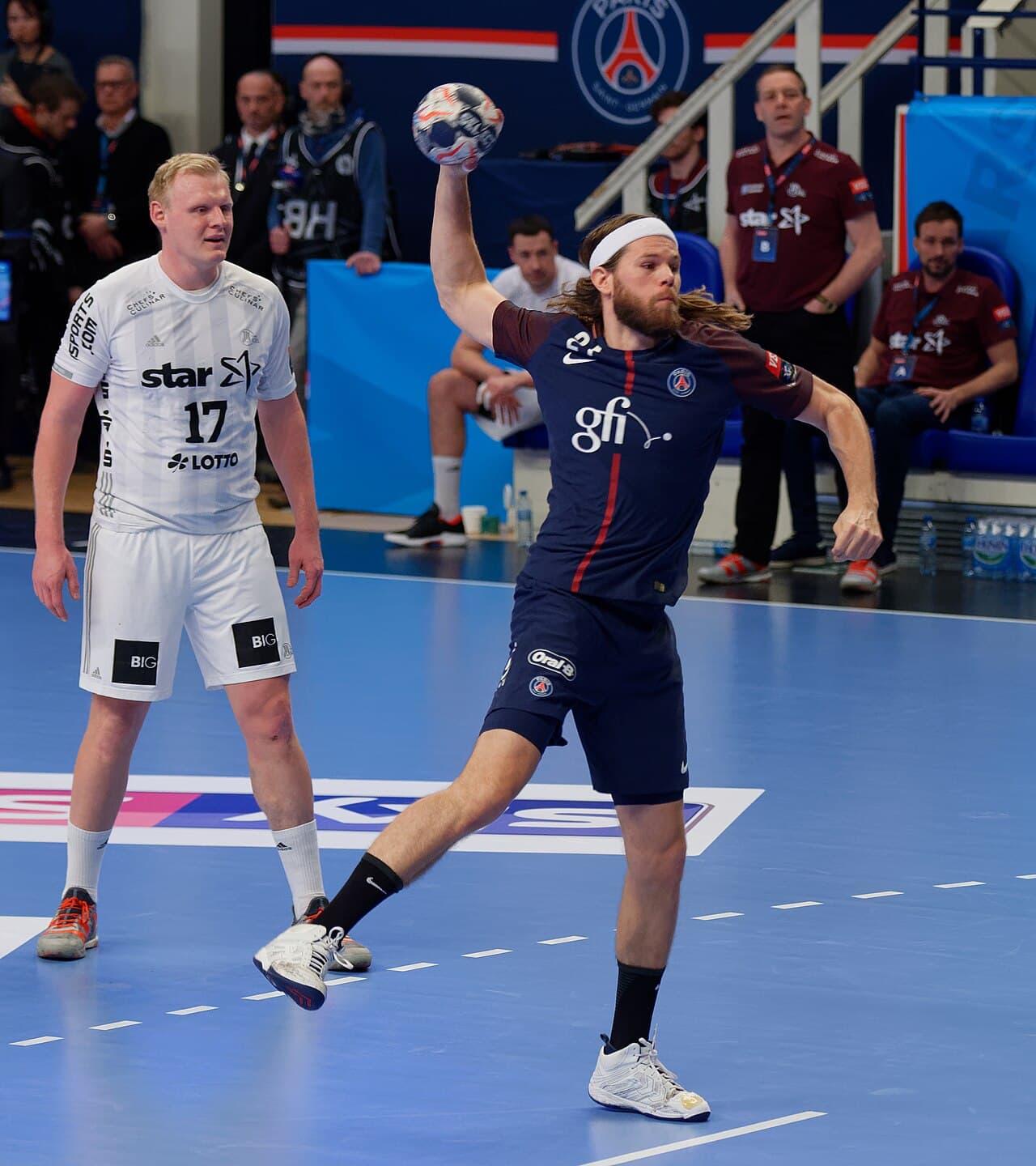 Mikkel Hansen. Hansen i aktion for PSG Handball mod THW Kiel i Stade Pierre de Coubertin, Paris (4. marts 2018)